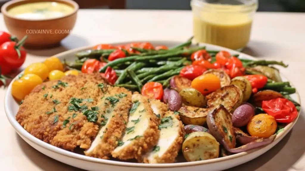 Golden baked chicken cutlets served on a white plate, garnished with parsley and accompanied by lemon wedges and dipping sauces