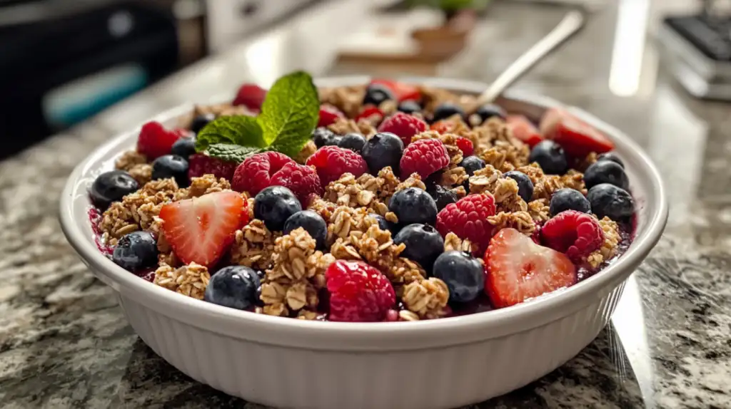 A warm berry crumble with a golden topping, served with a scoop of vanilla ice cream.