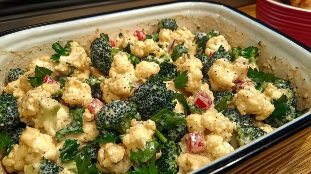 Fresh broccoli cauliflower salad in a white bowl.