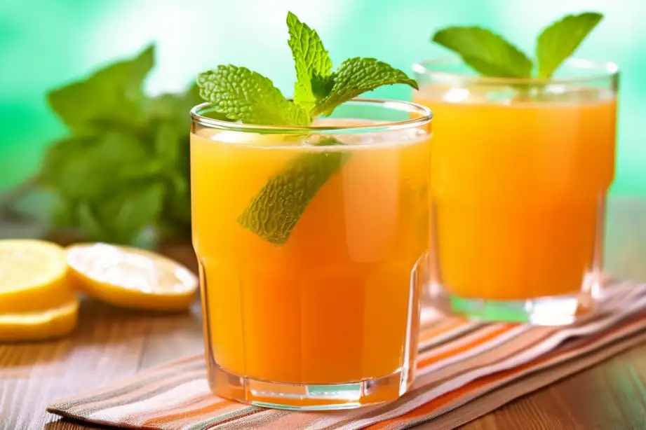 A glass of vibrant orange carrot juice garnished with a carrot stick and fresh mint leaves, surrounded by fresh carrots and ginger on a wooden table