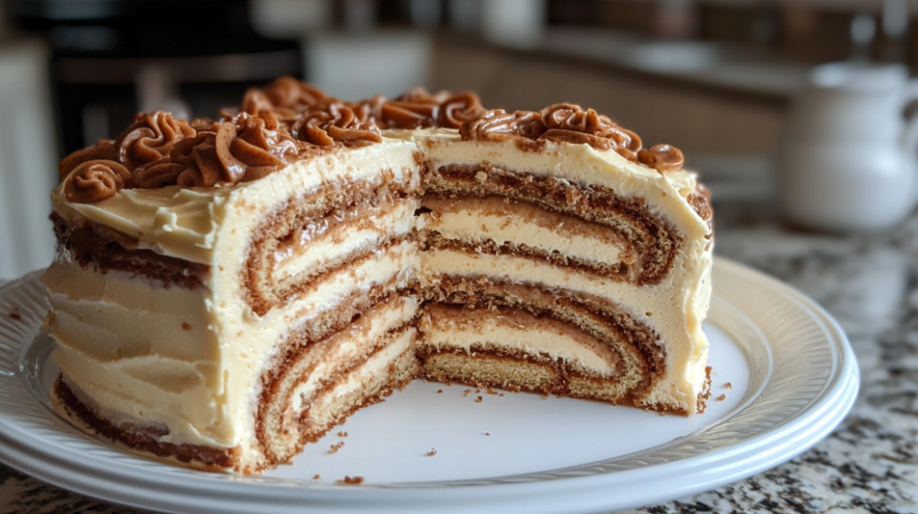 A beautifully frosted cinnamon roll layer cake topped with a cinnamon swirl and drizzled with icing.