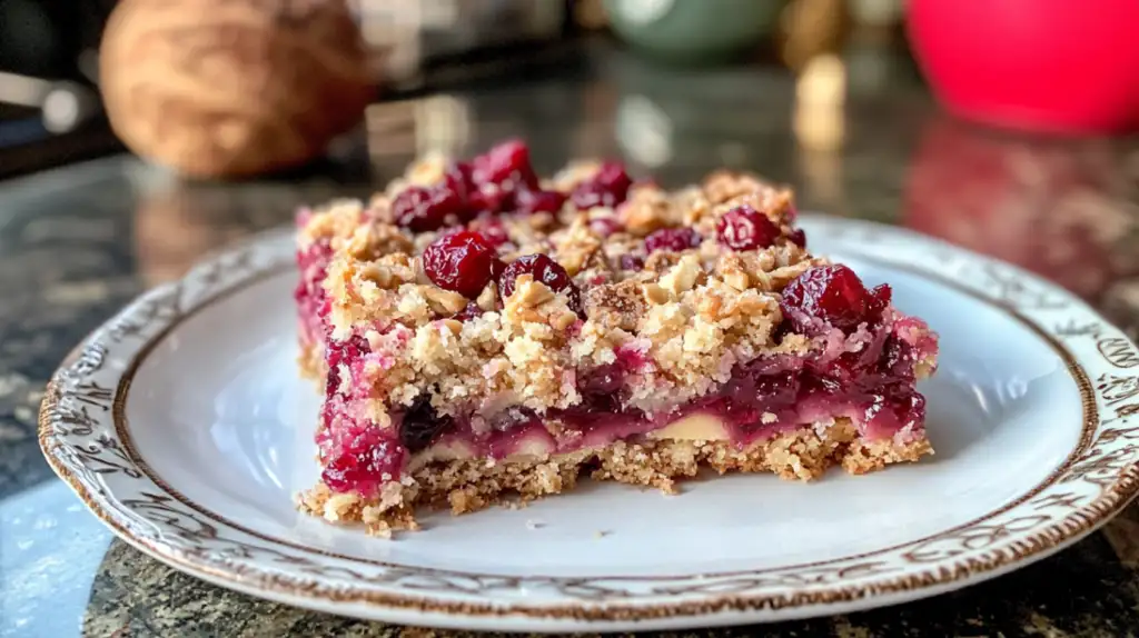 Cranberry bars with a golden crumb topping and vibrant cranberry filling, served on a festive platter.