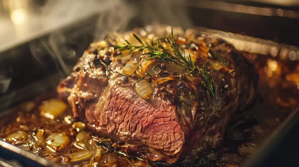 Tender Dutch Oven Pot Roast with carrots and potatoes, garnished with parsley