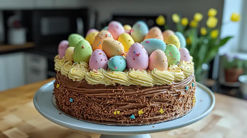 Beautifully decorated Easter cake recipe with pastel frosting and festive toppings