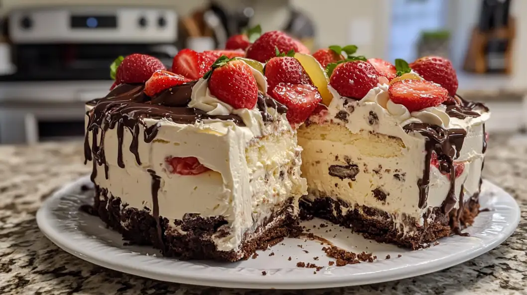 A colorful and delicious easy ice cream cake with sprinkles and chocolate drizzle.