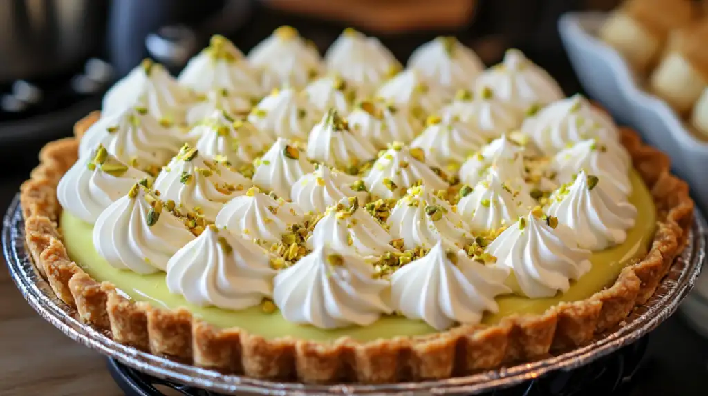 A slice of pistachio pie topped with whipped cream and chopped pistachios on a plate.