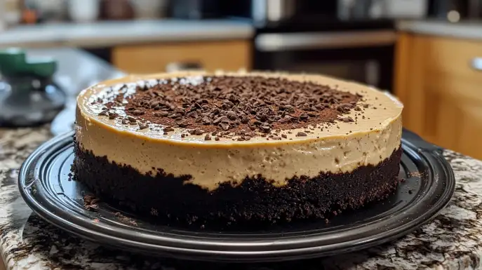 A decadent slice of espresso cheesecake with chocolate drizzle and whipped cream