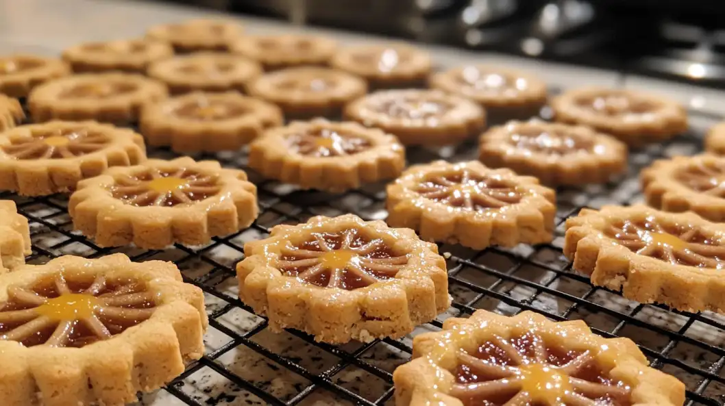 Linzer cookies with powdered sugar, heart-shaped cutouts, and raspberry jam filling