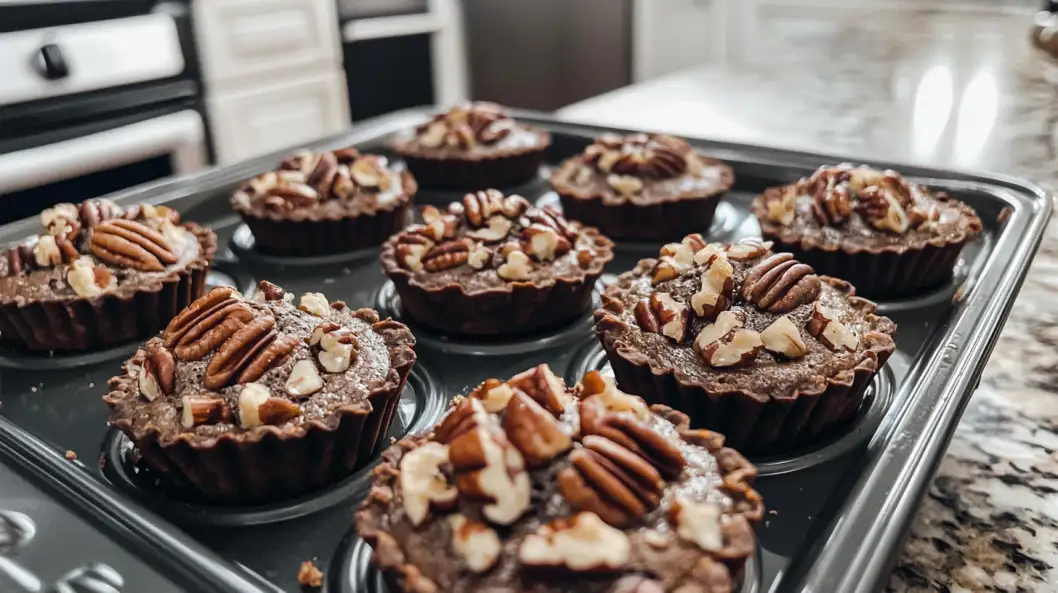 Mini chocolate pecan pies topped with chopped pecans and chocolate drizzle.