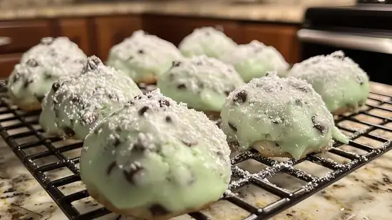 Mint chocolate chip snowball cookies dusted with powdered sugar on a festive holiday plate.