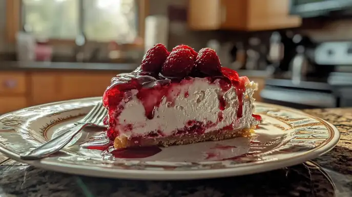 Creamy and luscious no-bake raspberry cheesecake topped with fresh raspberries