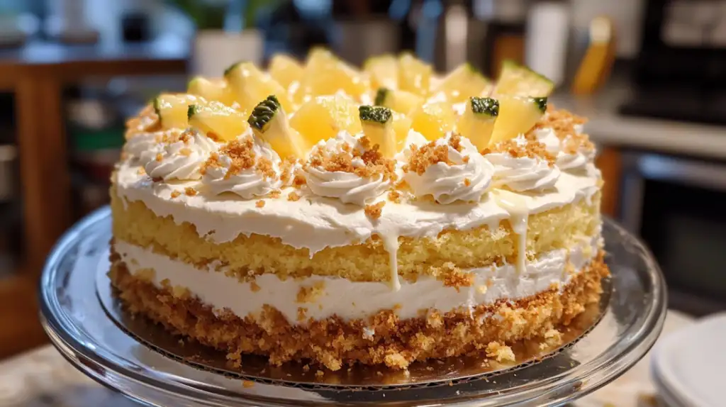 A Pina Colada Cake with layers of pineapple, coconut frosting, and toasted coconut garnish