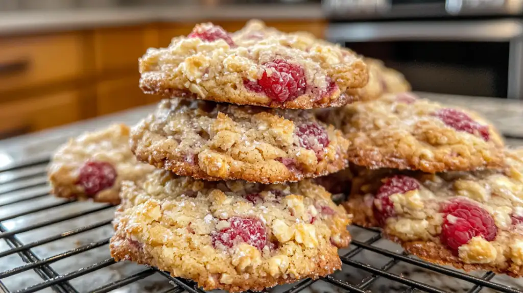 Buttery raspberry crumble cookies topped with golden crumble and vibrant raspberry jam.