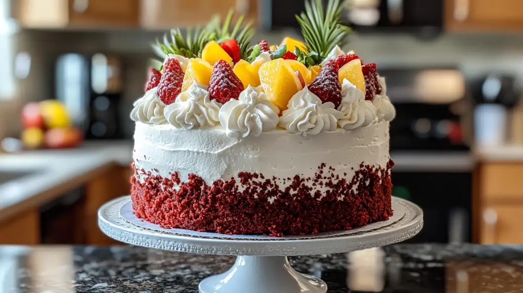 A decadent red velvet cake with cream cheese frosting and red crumbs as garnish