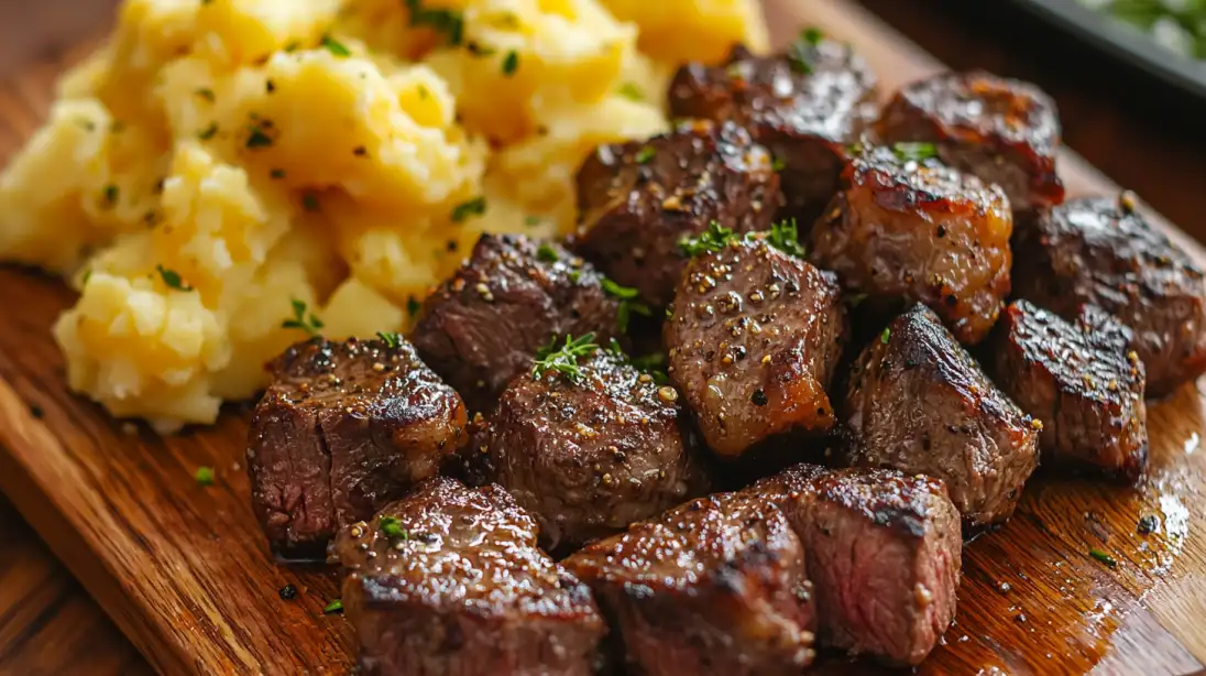 Ribeye Steak Bites and Cheesy Smashed Potatoes