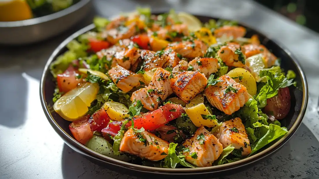 Vibrant roasted salmon salad with chickpeas, avocado, and broccoli, perfect for a healthy meal.