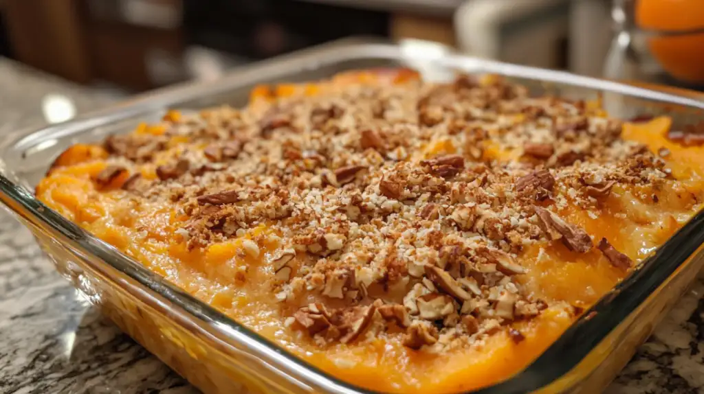 A golden Southern sweet potato casserole topped with a crunchy pecan layer, served warm in a festive dish.