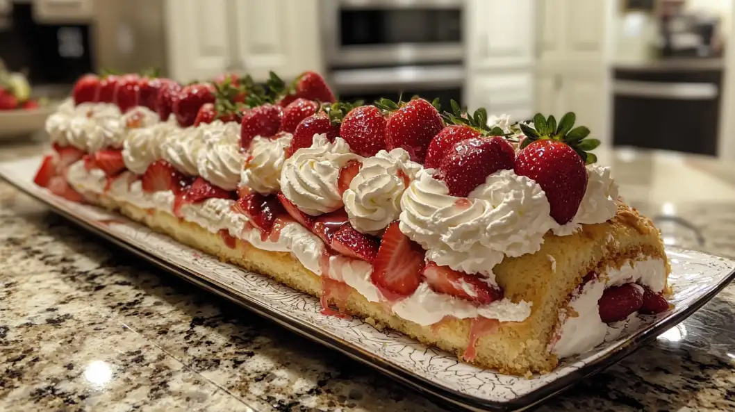 A stunning strawberry shortcake roulade with whipped cream and fresh strawberries