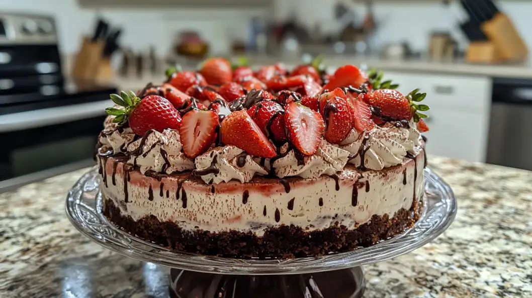 A delicious strawberry tiramisu dessert with layers of mascarpone, ladyfingers, and fresh strawberries.