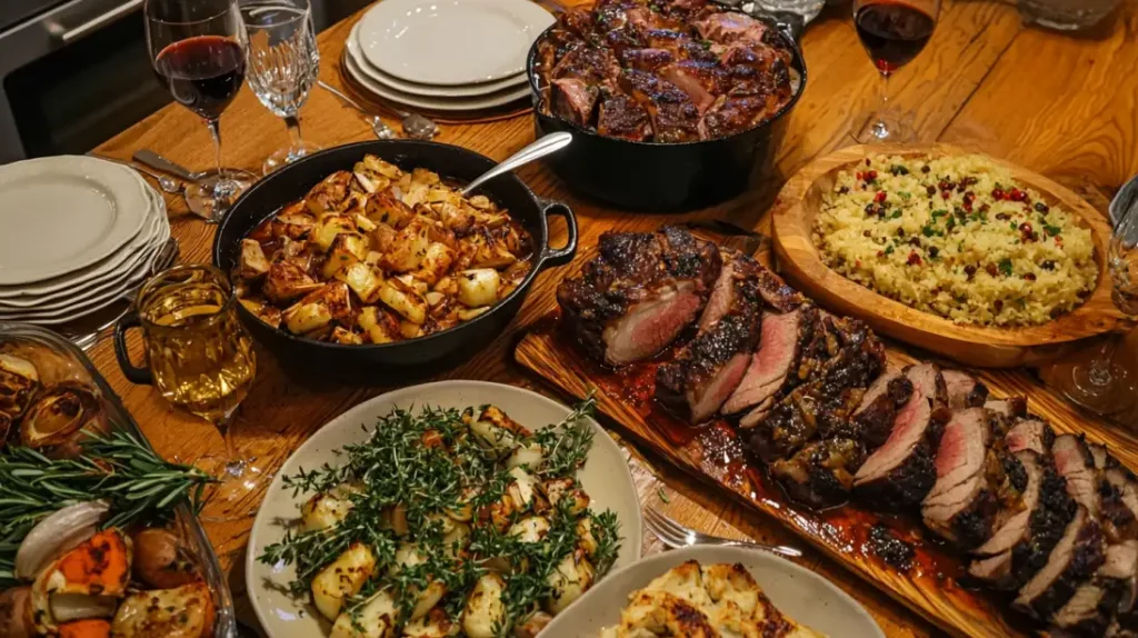 A festive plate of tender braised lamb shanks served with a rich, herb-infused sauce, surrounded by fresh vegetables and a cozy holiday table setting.