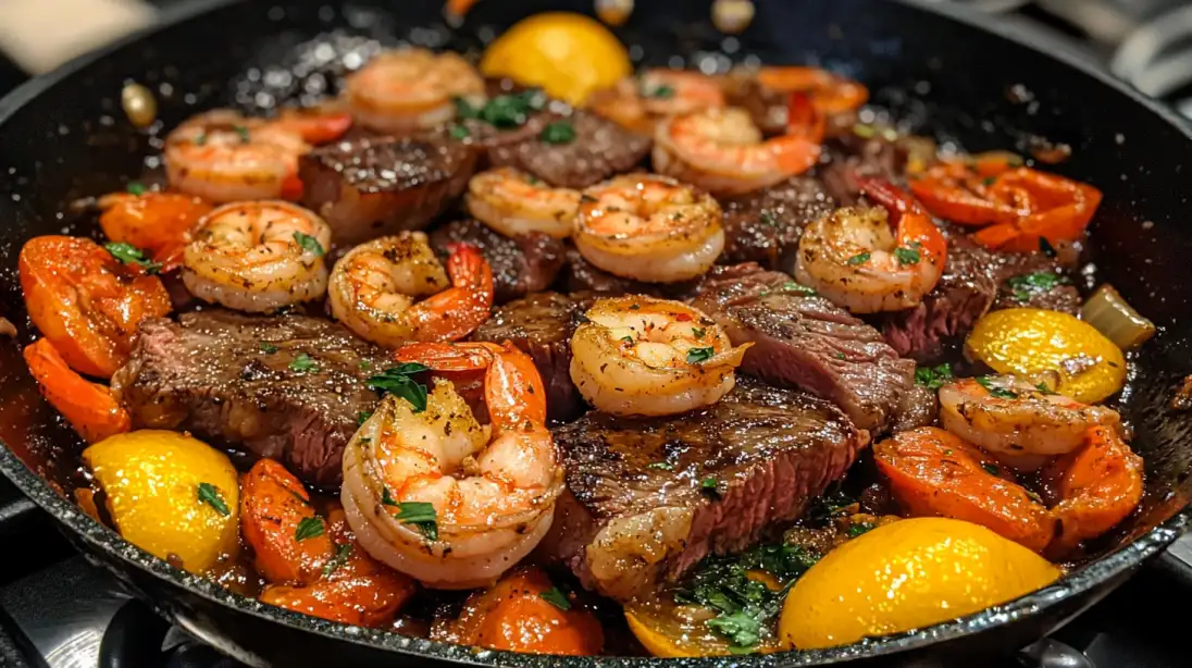 A sizzling skillet with tender steak, juicy shrimp, and creamy garlic sauce, garnished with fresh parsley and Parmesan.