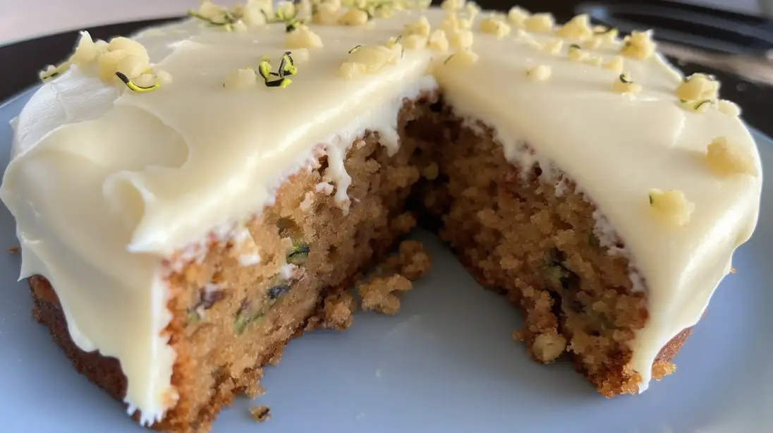 A moist slice of zucchini cake topped with cream cheese frosting on a rustic wooden table.