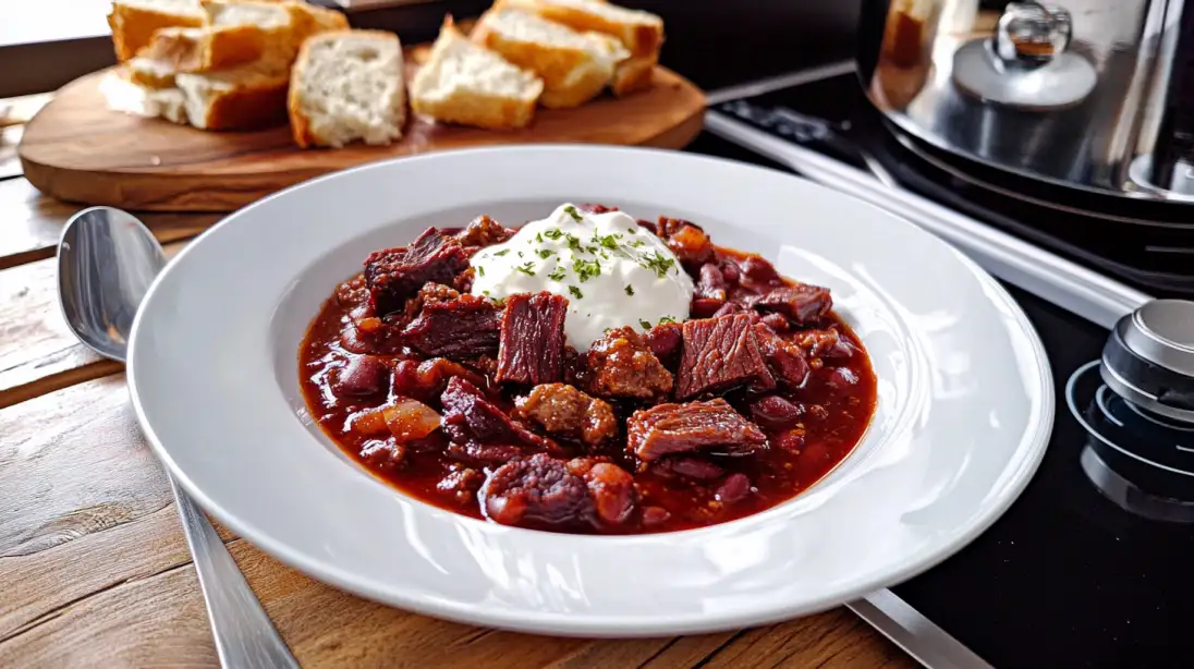 Bowl of brisket chili garnished with cilantro and cheese.