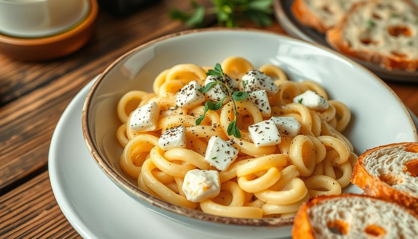 A creamy Boursin pasta dish garnished with fresh herbs, served in a bowl, ready in just 20 minutes.