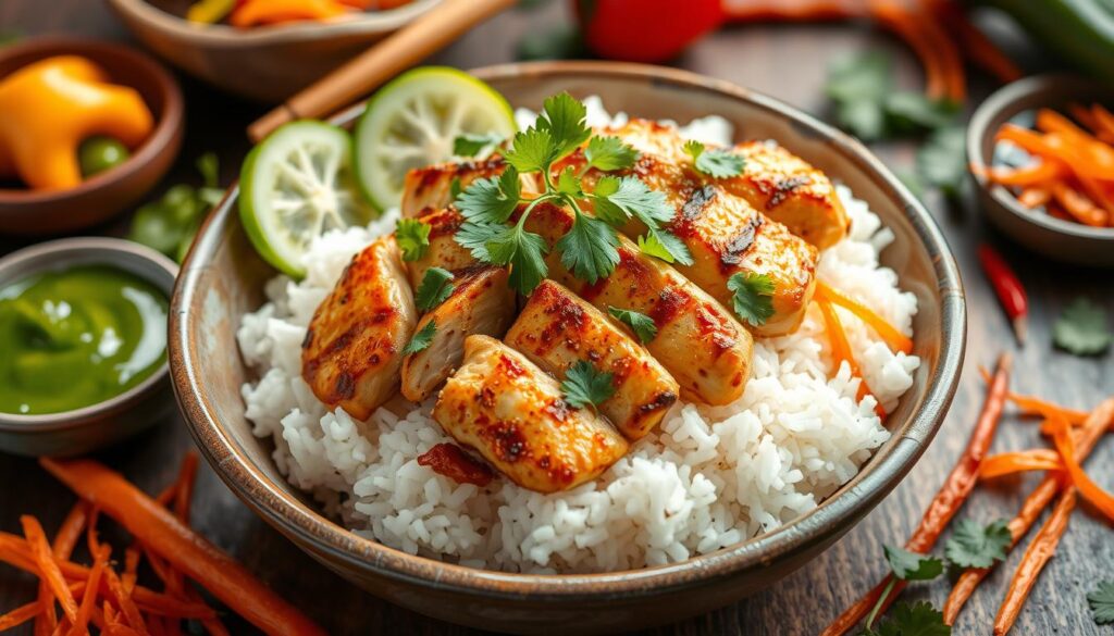 A plate of chicken over rice, topped with savory sauce and garnished with fresh herbs, served with a side of vegetables.