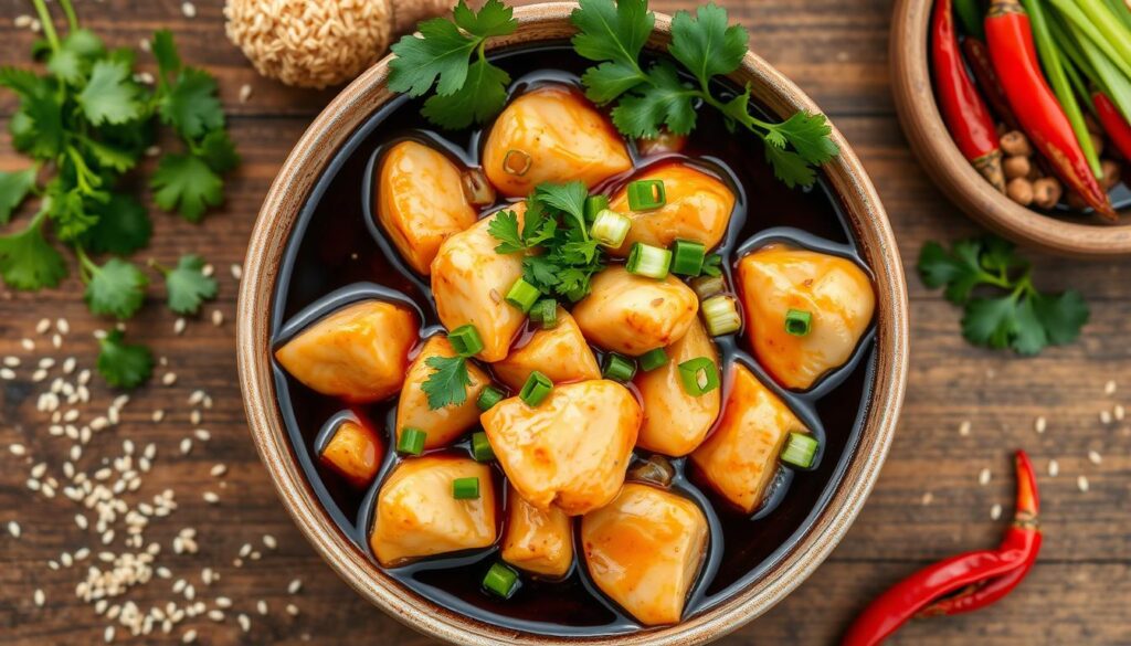 Asian chicken marinated with soy sauce, ginger, and garlic, grilled to perfection and garnished with green onions.