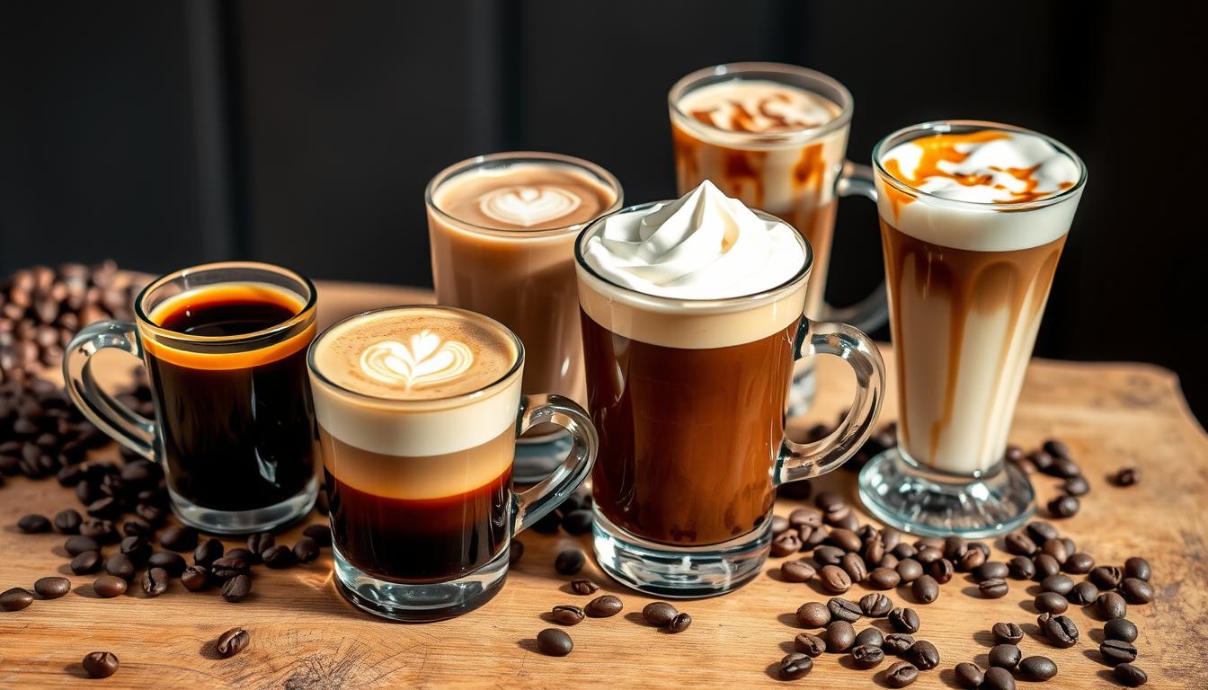 A variety of espresso drink recipes, including lattes and cappuccinos, crafted with rich coffee and topped with foam.