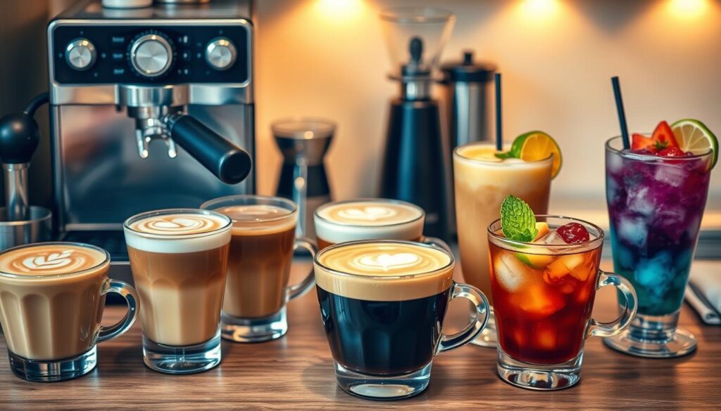 A variety of espresso drink recipes, including lattes and cappuccinos, crafted with rich coffee and topped with foam.