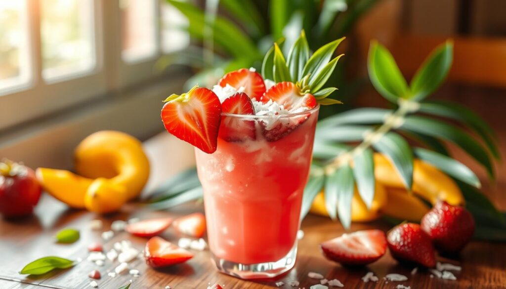 A homemade Starbucks Pink Drink copycat recipe in a clear glass with fresh strawberries and ice.