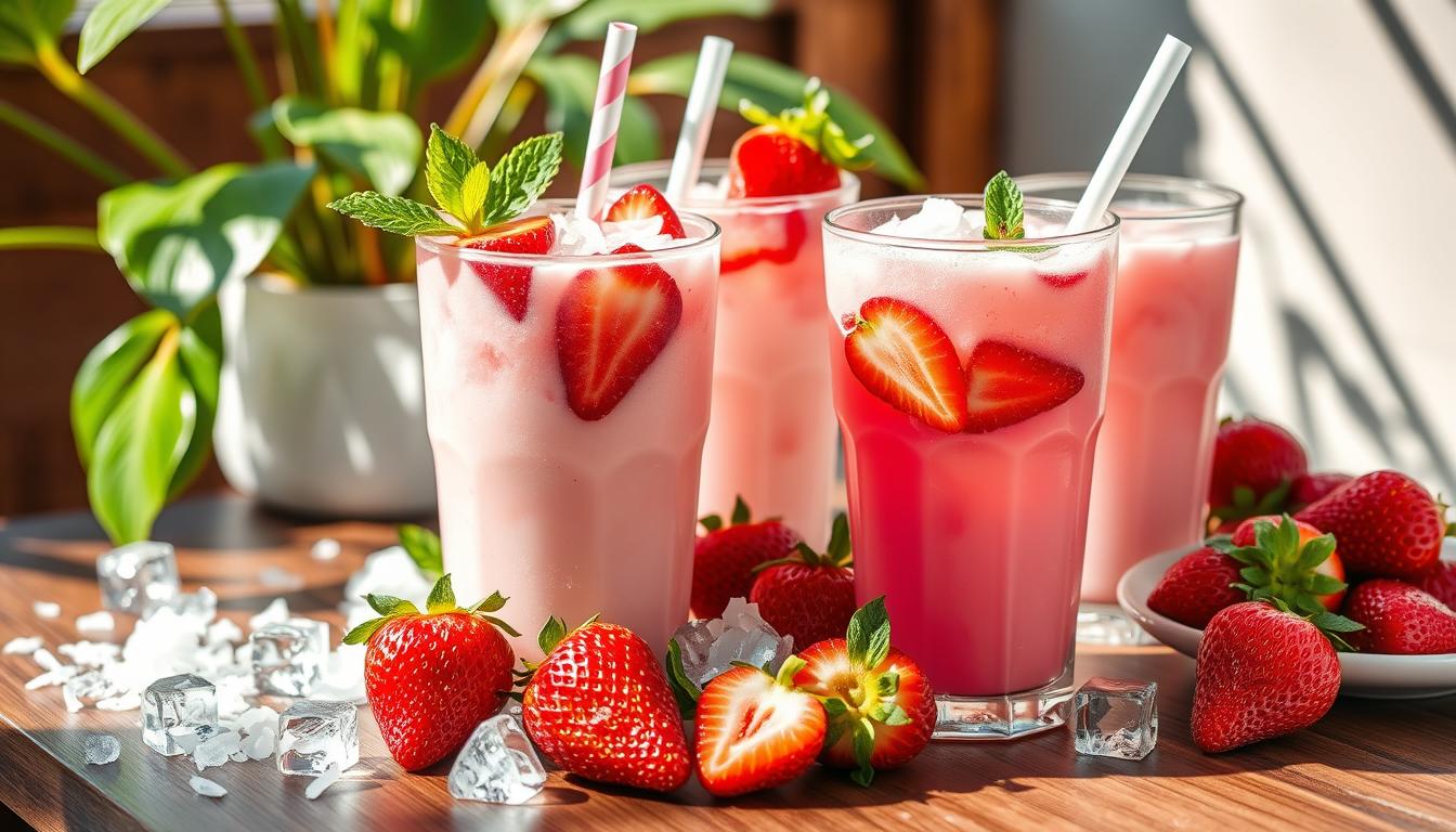 A homemade Starbucks Pink Drink copycat recipe in a clear glass with fresh strawberries and ice.