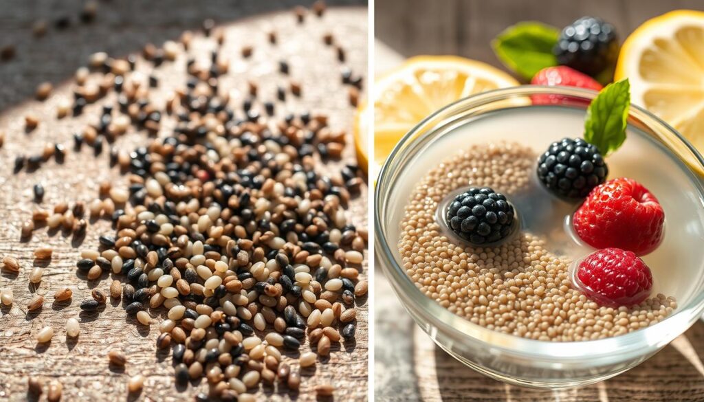 Homemade chia drink recipe with fresh fruit and seeds in a glass, perfect for summer hydration.