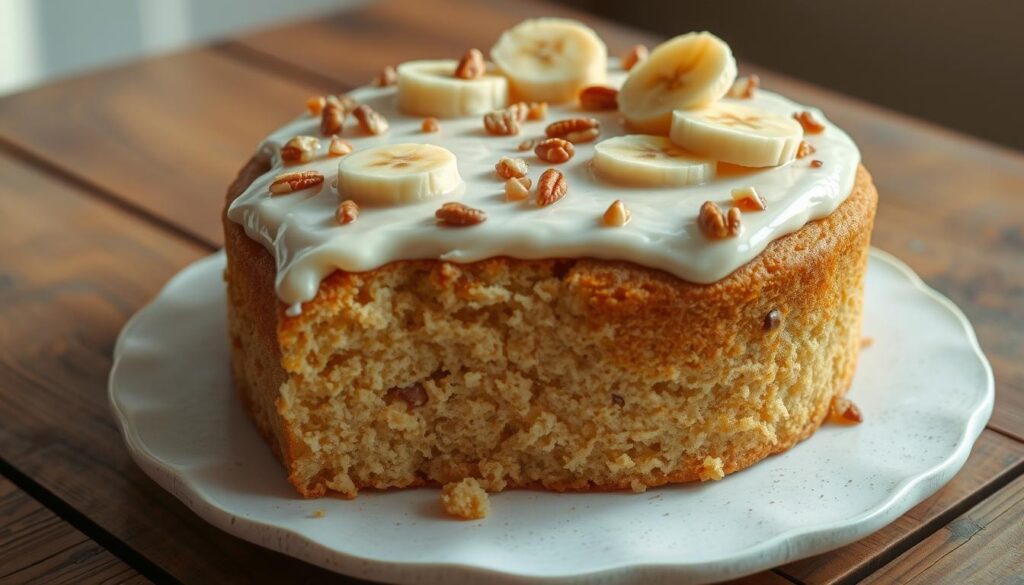 A slice of moist banana cake topped with cream cheese frosting, served on a plate with fresh banana slices.