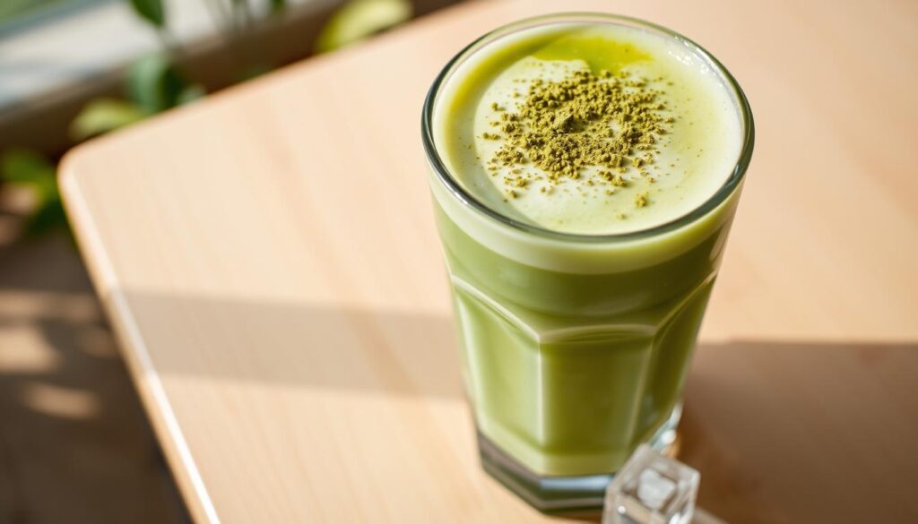 A glass of homemade iced matcha latte with vibrant green color, topped with ice cubes and a straw, placed on a wooden table with a cozy kitchen background. Ready in just 5 minutes