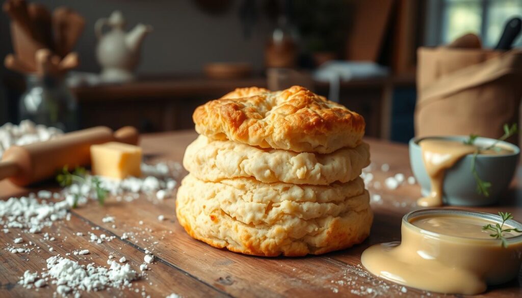 A plate of fluffy, golden vegan biscuits topped with rich, creamy gravy, garnished with fresh herbs, served on a rustic wooden table.