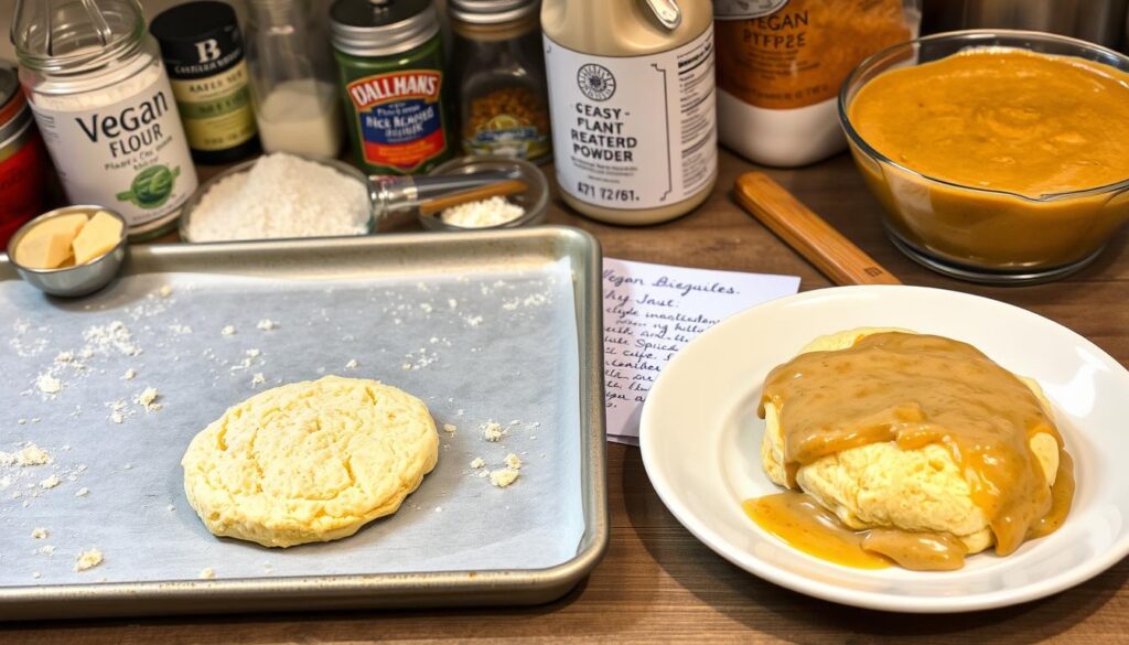 A plate of fluffy, golden vegan biscuits topped with rich, creamy gravy, garnished with fresh herbs, served on a rustic wooden table.