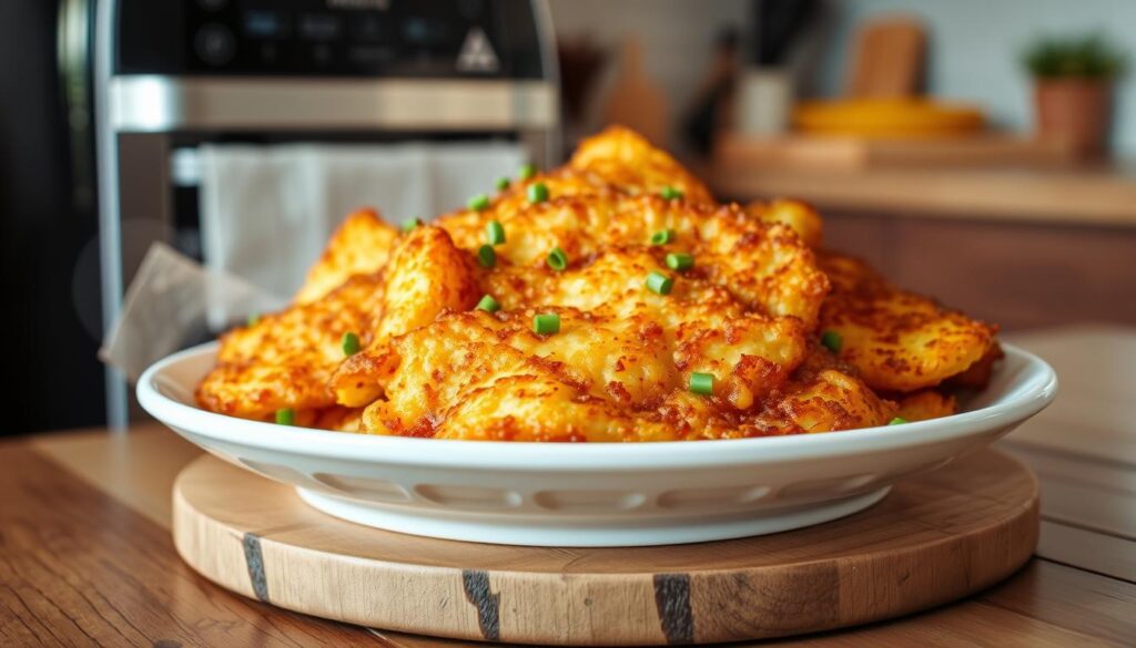 Golden and crispy air fryer hash browns served on a plate, perfect for breakfast or snacks