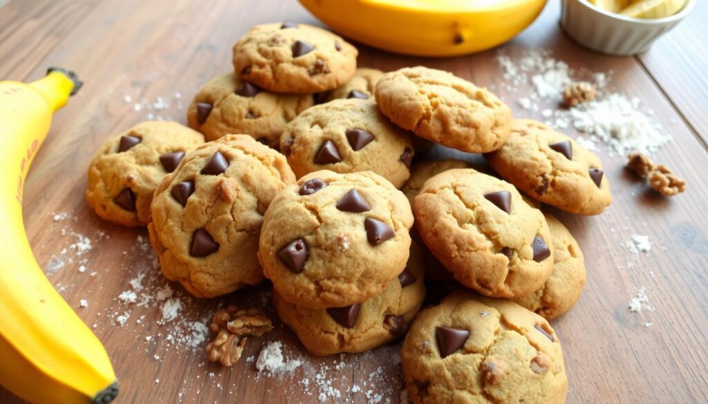 Freshly baked banana bread cookies on a plate, soft and chewy, ready to enjoy in just 30 minutes