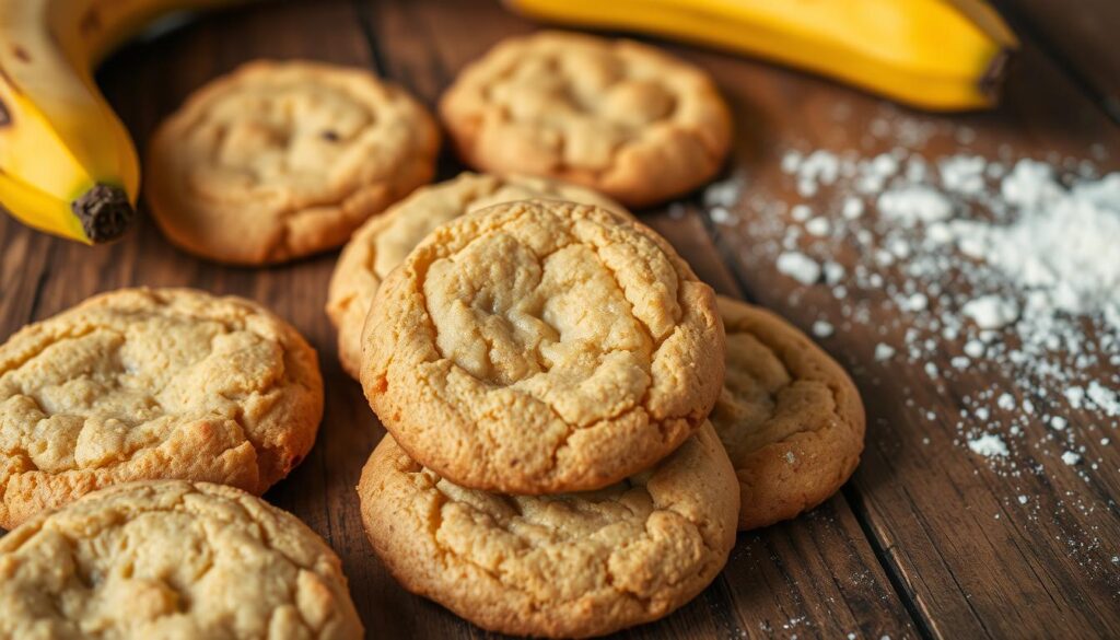 Freshly baked banana bread cookies on a plate, soft and chewy, ready to enjoy in just 30 minutes