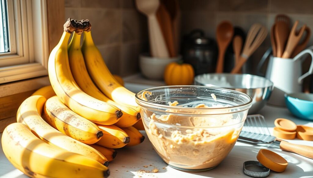 A slice of moist banana cake topped with cream cheese frosting, served on a plate with fresh banana slices.