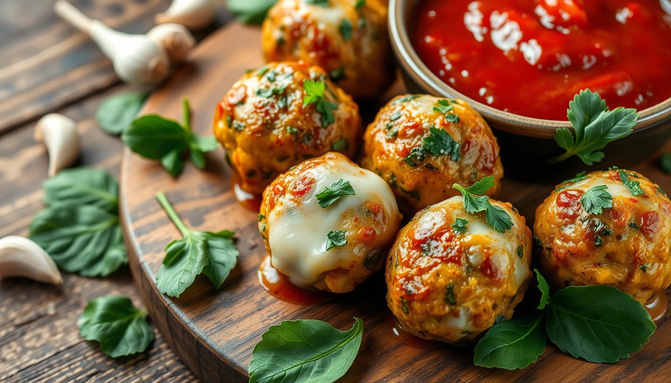 Spinach Garlic Meatballs Stuffed with Mozzarella