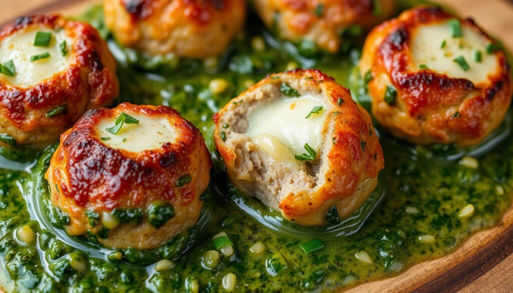 Spinach Garlic Meatballs Stuffed with Mozzarella