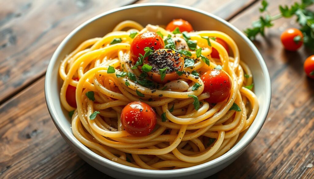 A creamy Boursin pasta dish garnished with fresh herbs, served in a bowl, ready in just 20 minutes.