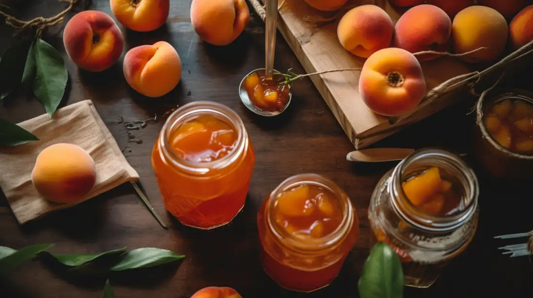 Freshly made peach jelly in glass jars with ripe peaches in the background