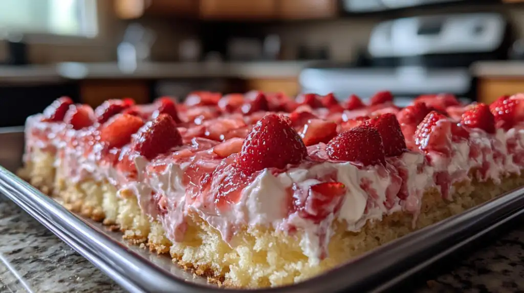 A moist strawberry poke cake with whipped topping and fresh strawberries on top.