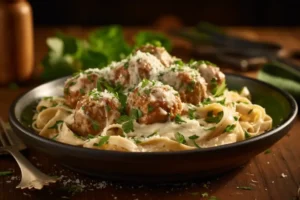 A plate of Alfredo meatballs served over fettuccine pasta, covered in a rich and creamy Alfredo sauce, garnished with fresh parsley and grated Parmesan cheese. The dish is presented on a rustic wooden table with warm lighting.