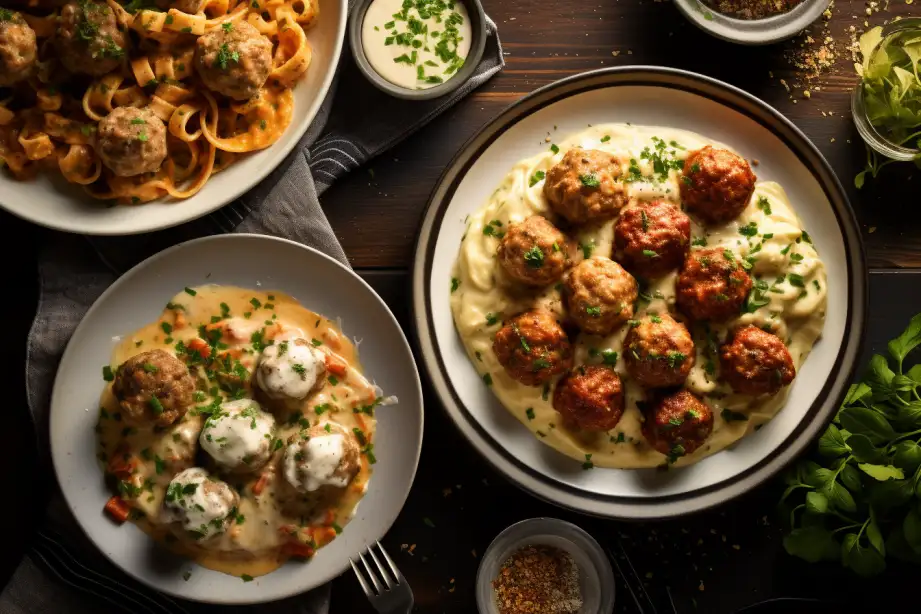 A variety of Alfredo meatballs, including beef, chicken, and vegetarian options, served on different plates with a creamy Alfredo sauce. Garnished with fresh herbs and Parmesan cheese, and accompanied by garlic bread and roasted vegetables on a rustic wooden table.